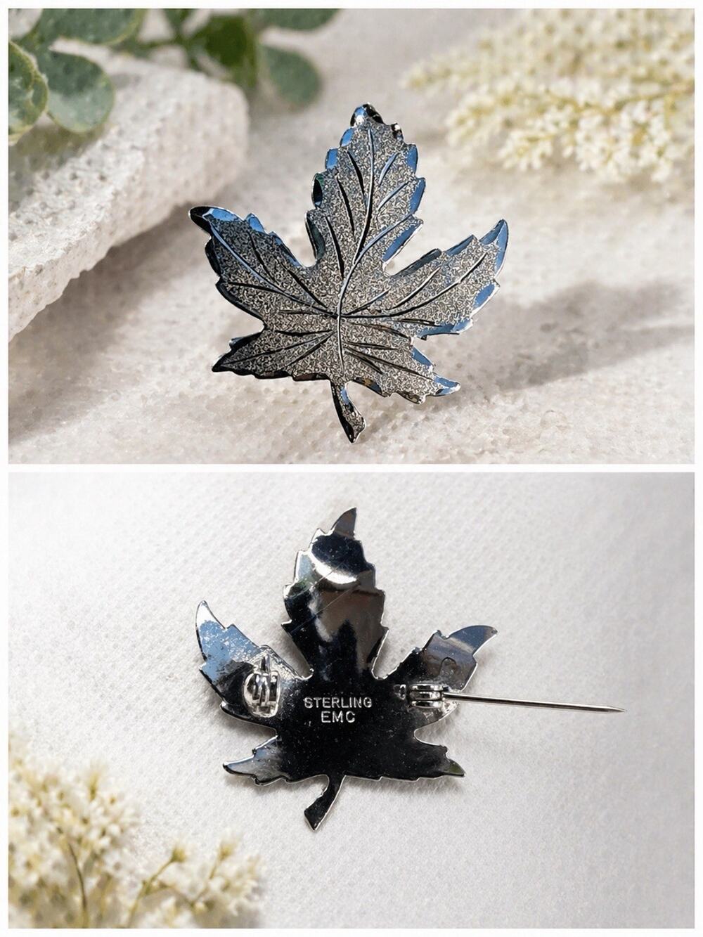 Vintage Canadian Sterling Silver Maple Leaf Brooch Pin Signed EMC Mid Century